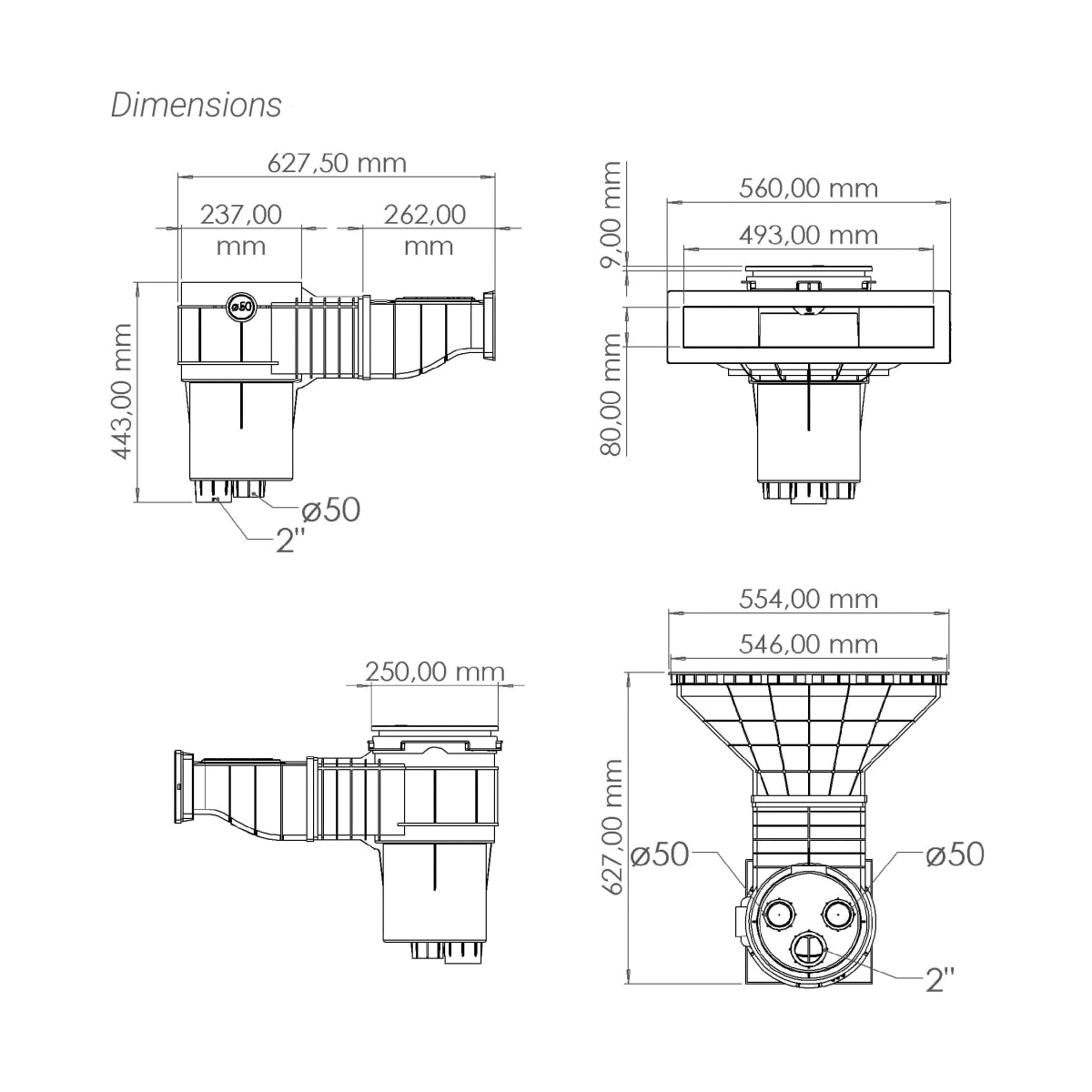 Smart Hochwasserstandskimmer High500, ABS, grau, mit Messingbuchsen
